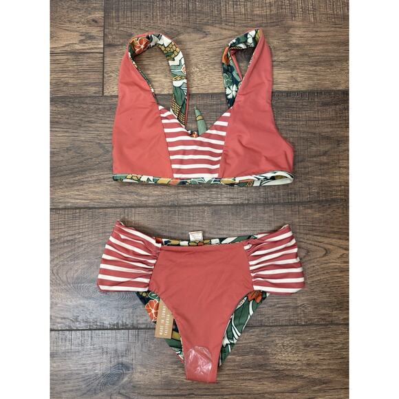 Seea Milos Reversible Bikini Top & Bottom 2 Piece Swimsuit Floral Stripped S NWT - Picture 7 of 8